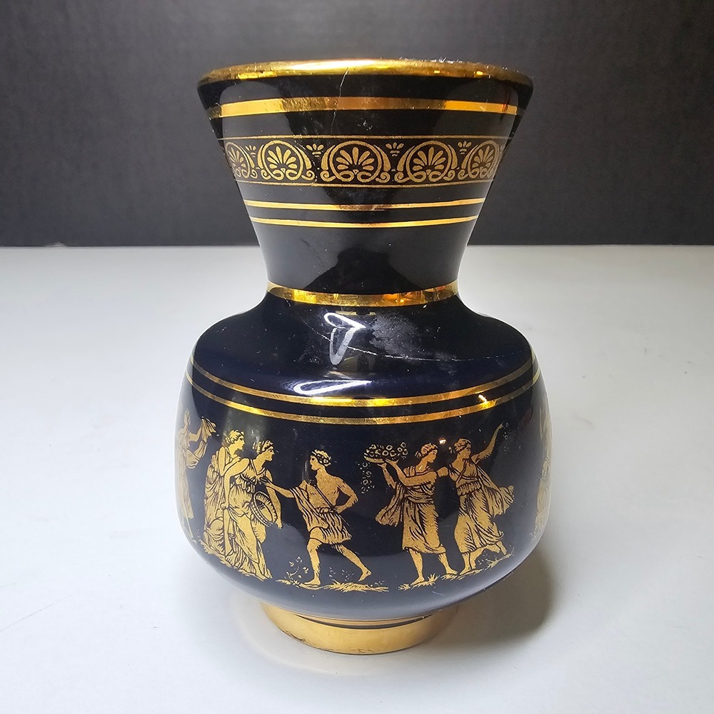Neofitou Keramik Greek Vase Cobalt Blue 24K Gold Handmade Greece B32 Vintage